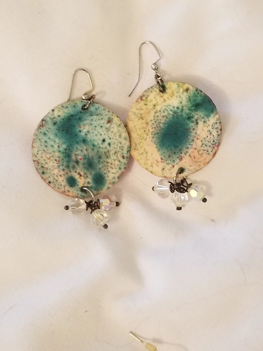 Handmade Teal and Cream Ceramic Disc Earrings with Crystal Drops